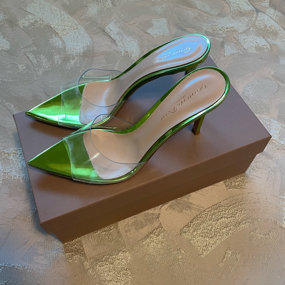 GIANVITO ROSSI Elle 85 PVC Heels Metallic Kiwi Green Sz 38